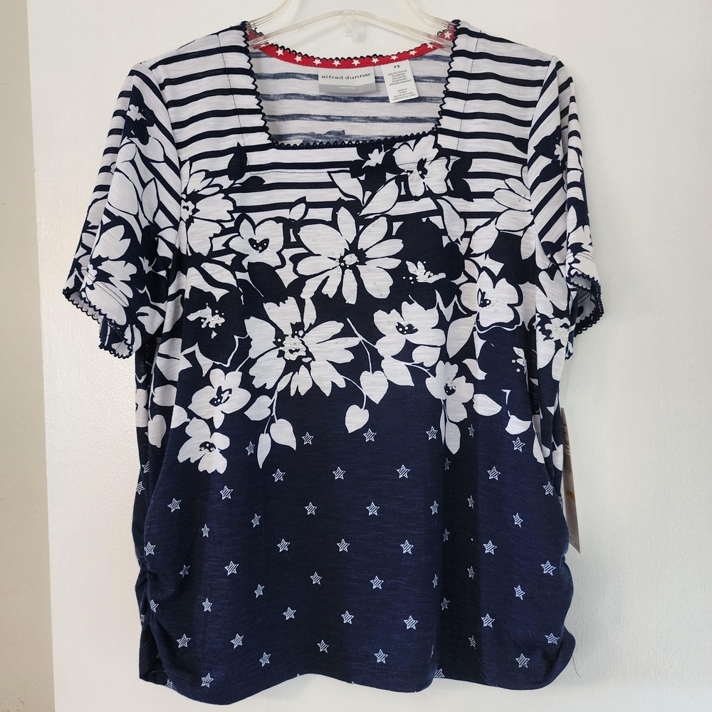 Alfred Dunner‎ Lady Liberty Navy White Floral Stripe Star Tee PS 58997 LC